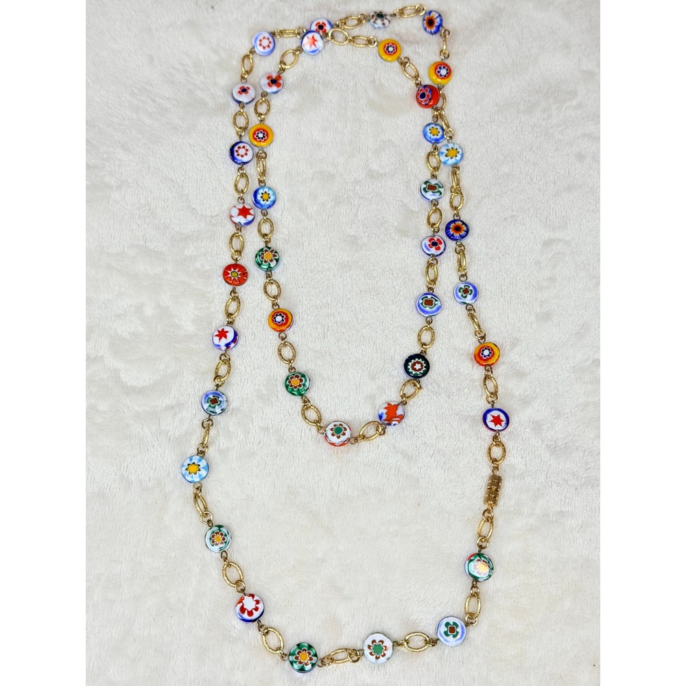 Vintage Murano Millefiori Art Glass Necklace Italian Gold Tone Long 38" Chain